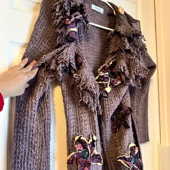 ANIA. A Women’s Vintage Knitted Duster Sweater Tie Y2K Boho Flowers Artsy - Picture 7 of 7